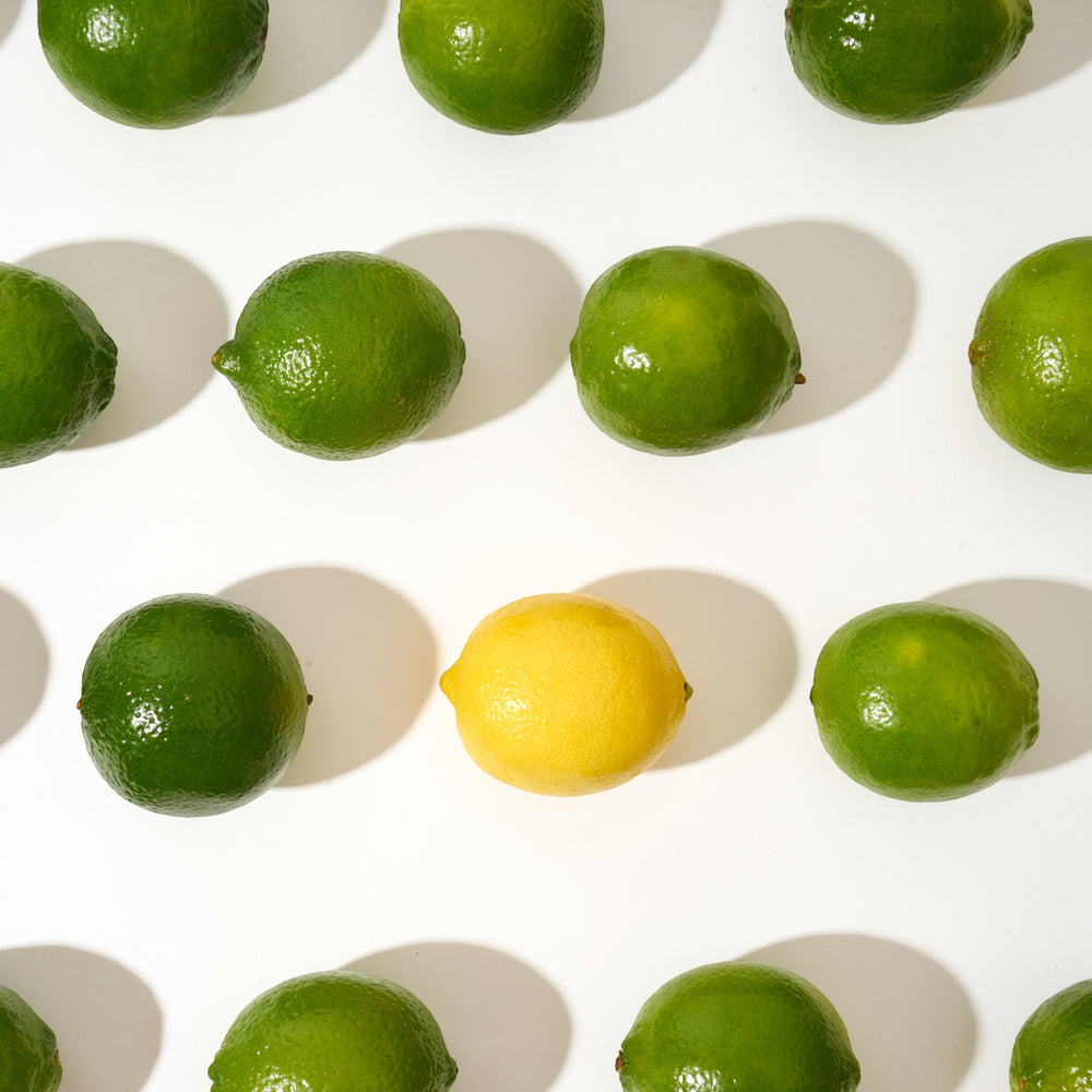 Lined up Limes and Lemons on a White Background