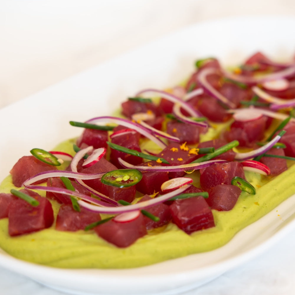 Family style tuna ceviche with avocado salsa
