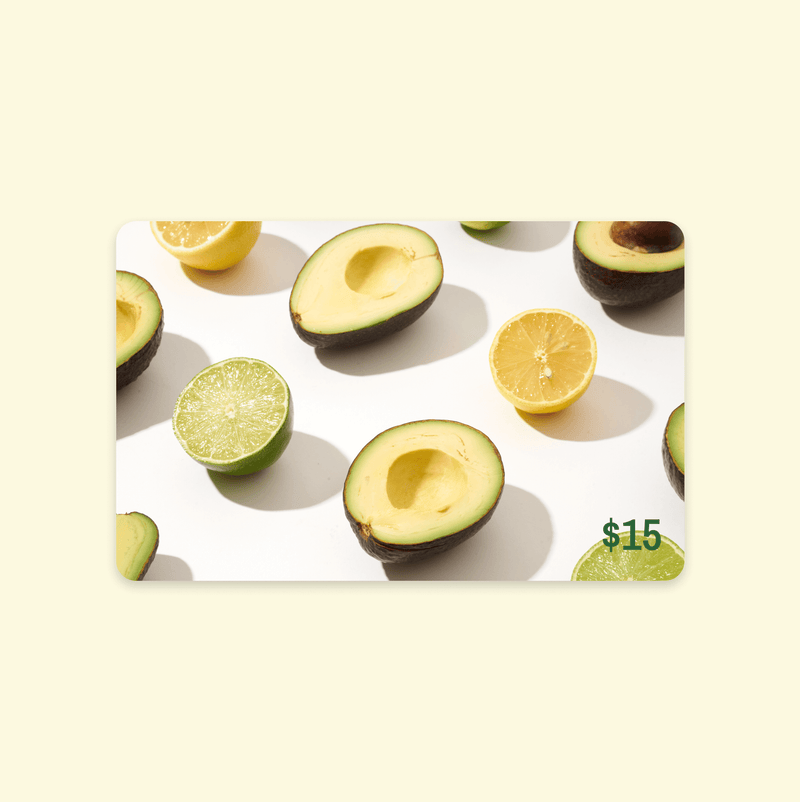 15$ gift card with a picture of avocados, limes and lemons cut open and lined up