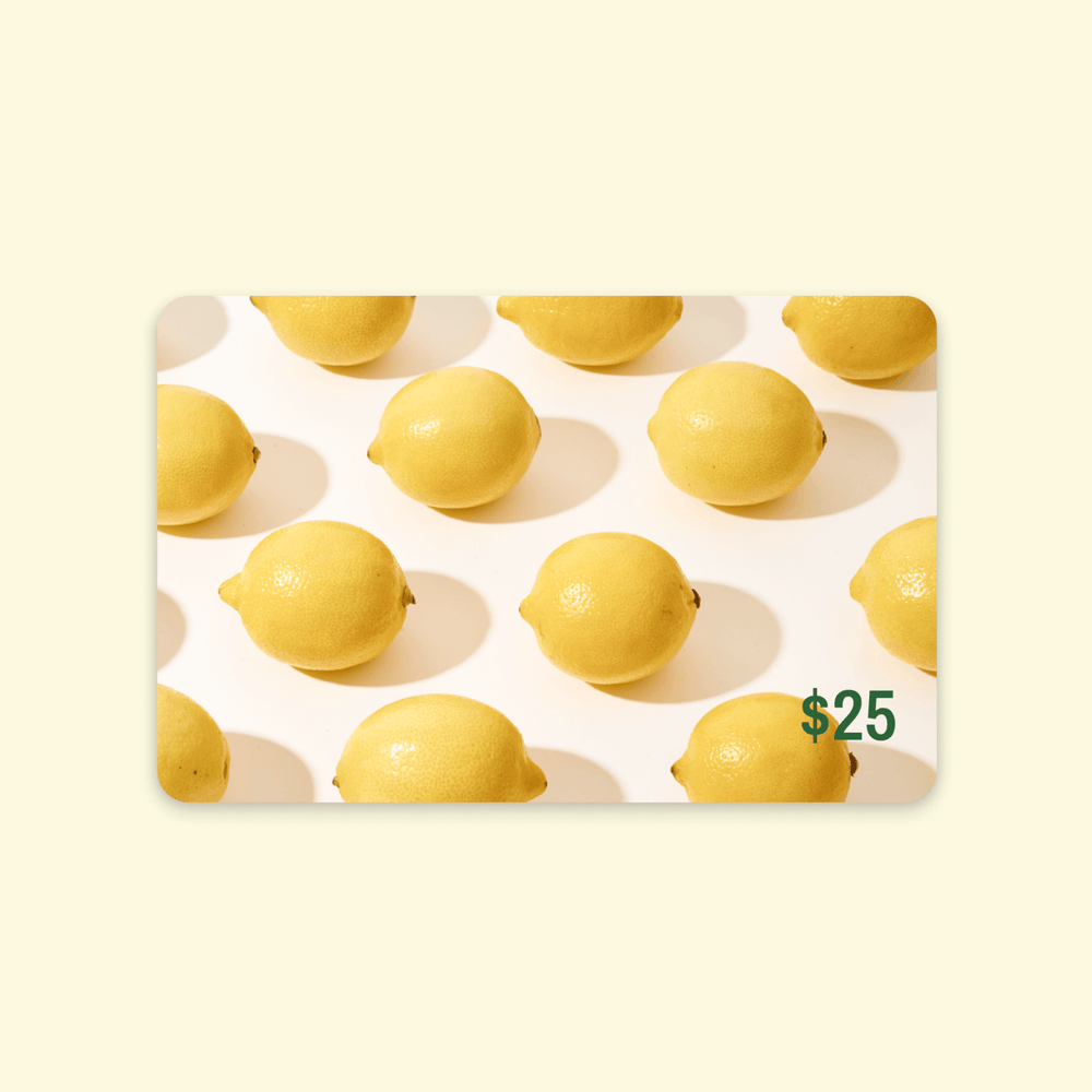 25$ gift card with a picture of lemons lined up on a white background