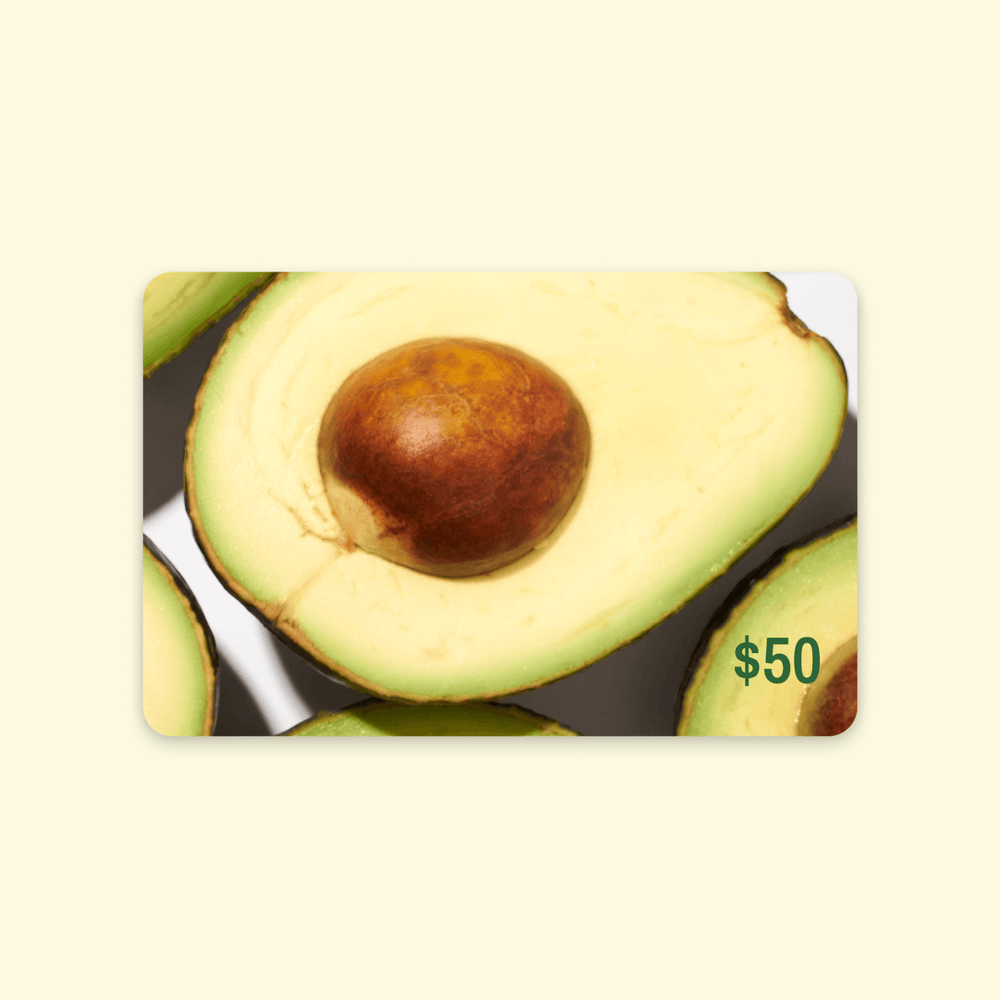 50$ gift card with a picture of a fresh avocado cut open