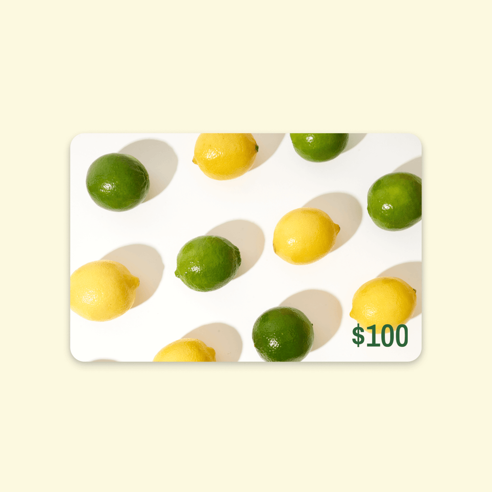 100$ gift card with a picture of fresh limes and lemons lined up in 3 rows on a white background