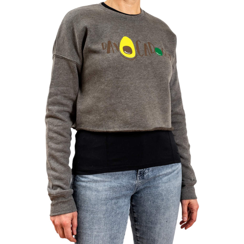 Heather Grey cropped sweatshirt with DavocadoGuy logo, seen from the side