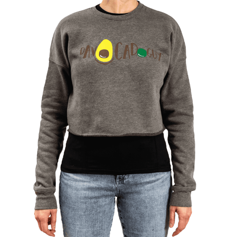 Heather Grey cropped sweatshirt with DavocadoGuy logo, seen from the front